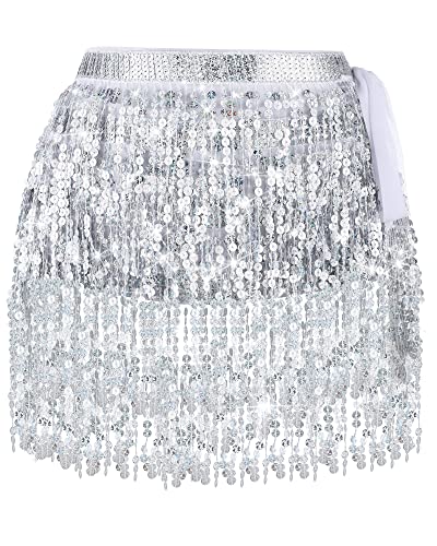 2 Pieces Sequin Tassel Skirt Belly Dance Hip Scarf Performance Outfit Sequins Skirt Belts Body Accessories For Women Girls (Silver, Pink,Basic) #TOP2
