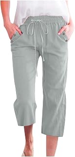Capri Pants for Women Casual 2025 Summer Drawstring Elastic High Waist Linen Pant Straight Wide Leg Cropped Trouser