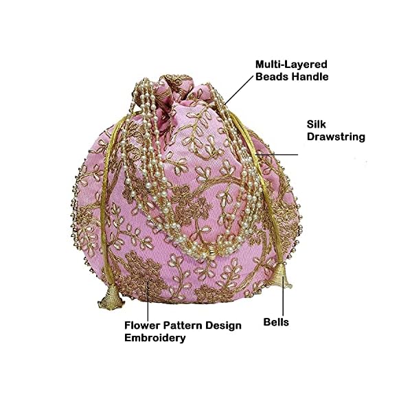 Potli bag (Pack of 2 Potli) Baby Pink and Parrot Green Matka Designer handbags for Women wedding party and Return gift potli bags for party accessories .Outer Golden Embroidered Design - Image 8