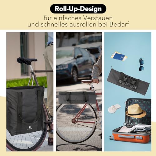 KHALISIA Fahrradtasche faltbar – Roll-Up Shopper – Einkaufstasche Fahrrad – mit Reißverschluss und viele Innenfächer – Fahrrad Gepäckträgertasche – für Uni, Reisen, Freizeit & Einkauf