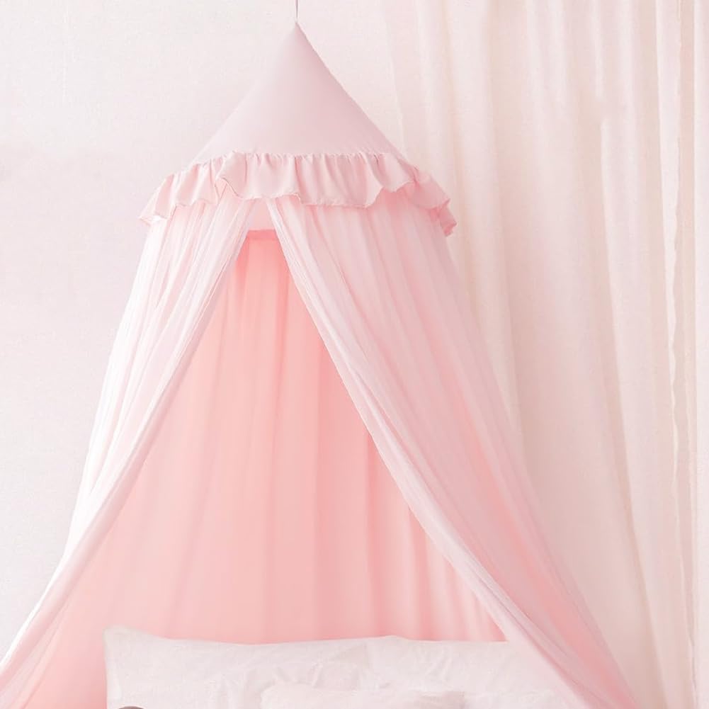 Doppellagig Baldachin Babybett Mädchen Groß Hell Rosa Baumwolle Betthimmel Kinderbett Rund Hängendes Kuppel Moskitonnetz Spielzelte Bett Deko for Kinder Baby