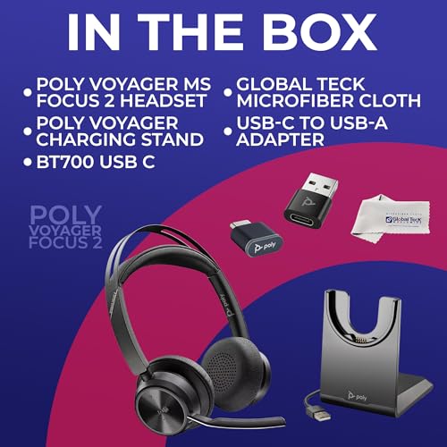 Image of Poly Plantronics Voyager Focus 2 UC, Stereo Bluetooth Headset with Charging Stand, USB C, with USB C to USB A Adapter, Compatible with Teams, Zoom, Connects to Laptop,PC /Mac, Smartphone - GTW Cloth