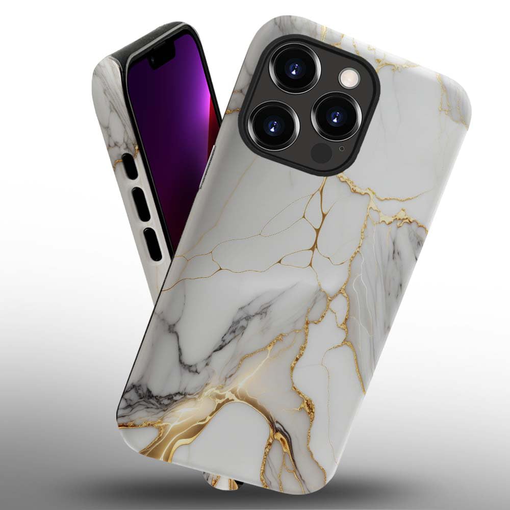 Yuning419Phone Case Compatible with iPhone 13 Pro Max Case,Hybrid 2 Layer PC Hard Shell + Silicone Protective Case, White Gold Marble Scratch-Resistant Shockproof Cover for iPhone 13 Pro Max