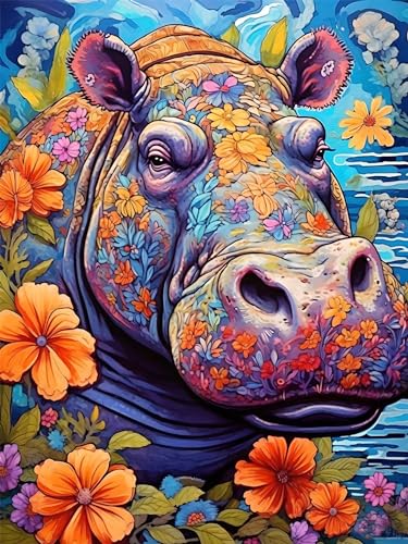 Kit complet diamant painting hippopotame géant 90x120cm et broderie point de croix 5D DIY