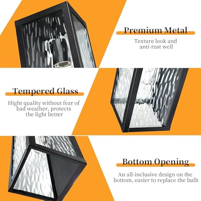 15.8'' Modern Black Outdoor Wall Lights Wall Sconce with Water Ripple Glass