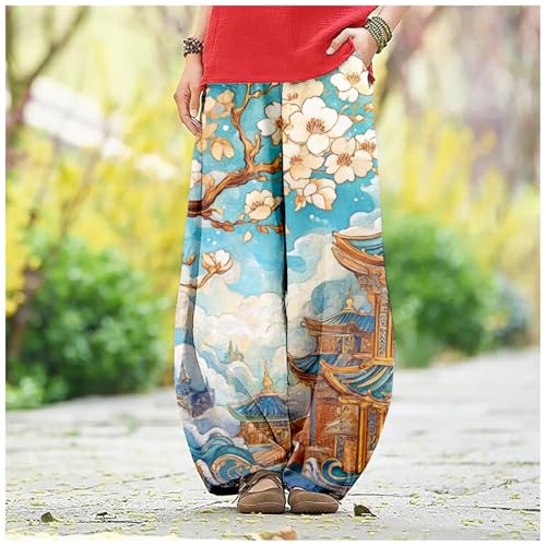 MARSVOVO Baggy Sweatpants for Women Wide Leg Harem Pants Woman Landscape Ink Painting Print Casual Culottes with Pockets4