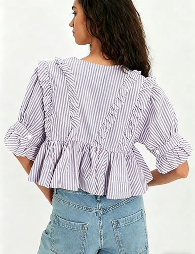 Image of Bozanly Womens Summer V Neck Short Sleeve Crop Tops Striped Shirts