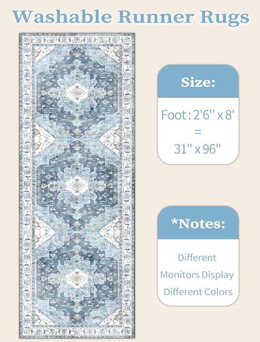 SERISSA Boho Washable Runner Rug, 2'6"x8' Non-Slip Vintage Blue Hallway Kitchen Runner Rug Ultra Soft Print Distressed Floor Carpet for Bedroom Bathroom Laundry Living Room