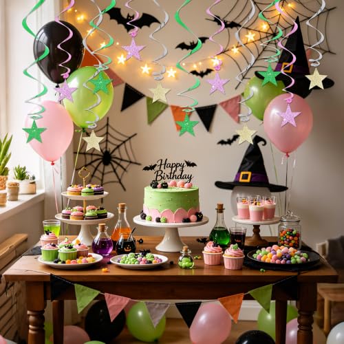 Image of BEISHIDA Green Pink Glitter Stars Hanging Swirls Pre-Strung Hanging Ornament Decorations for Baby Shower Wedding Witch Theme Birthday Party Decorations,Pack of 15