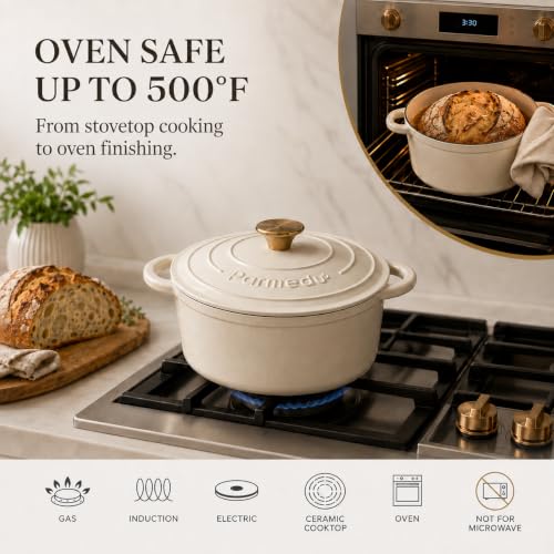 Parmedu 5.5QT Enameled Cast Iron Dutch Oven for Sourdough Bread White - Image 3
