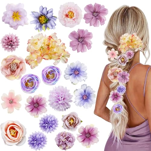 21Pcs Flowers Hair Clips Boho Pink Purple Floral Barrettes for Women Vibrant Flower Hair Accessories Bridal Headpieces for Wedding Party Festival Beach(Fashion)