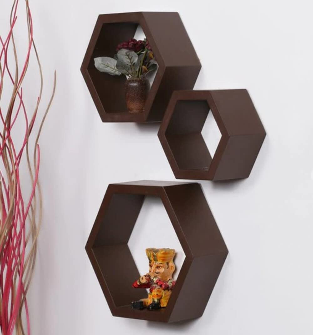 DecoreSany Wooden handicrafts Dazzling Wall Rack Shelves Set of 3 MDF -Medium Density Fiber Home Decoration Wall Décor (Brown, Hexagon 3)