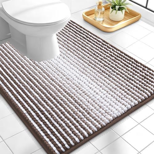 Image of OLANLY Toilet Rugs U-Shaped 24x20, Extra Soft Absorbent Chenille Striped Contour Bathroom Rugs for Toilet, Dry Quickly, Machine Washable, Non-Slip Bath Mat, Brown