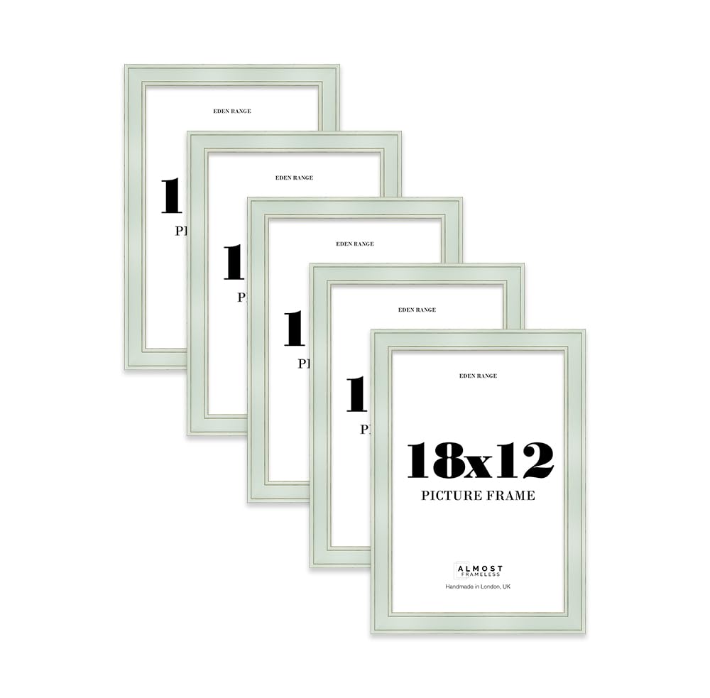 18x12 Sage Green Picture Frame - Shabby Chic Photo Frame with Distressed Finish, Gold Trim, Wall Hooks, 37mm Edge - 5 Pack