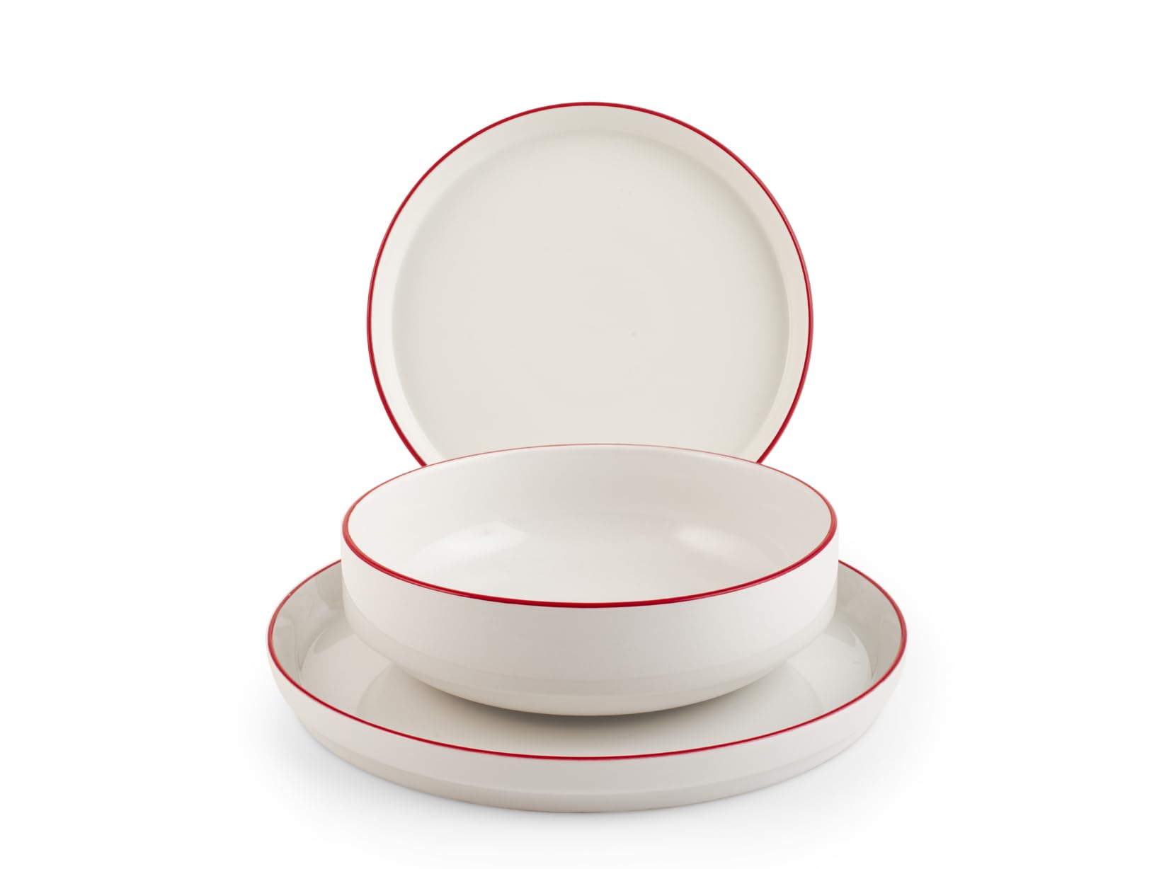 H&H, Servizio Tavola 12 Pezzi Essence Black in Porcellana Bianca con Bordo Rosso – Piatti Piani, Fondi e Frutta, Adatto per Lavastoviglie e Microonde