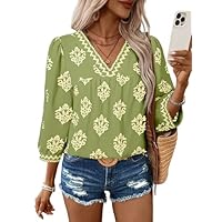 SHEWIN Womens Fashion Summer Tops 2025 Mid Length Sleeve Shirts V Neck Blouse Flowy Business Casual Spring Outfits for Women Green Medium