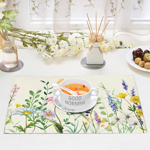 6 Stück Leinen Blumen Tischsets, 45x30CM Rechteckige Wildblumenmuster Platzsets, Waschbare rutschfeste Tischsets, Hitzebeständige Frühling Sommer Platzsets für Küche Esstisch Urlaub Party Dekor (B)