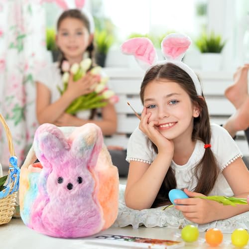 Image of Easter Fluffy Bunny Basket - Soft Plush Basket Hunting Egg Candy Reusable Tote Bags for Easter Spring Party Decorations Supplies Baby Shower - 11.8 x 9.8 inch (Colorful)