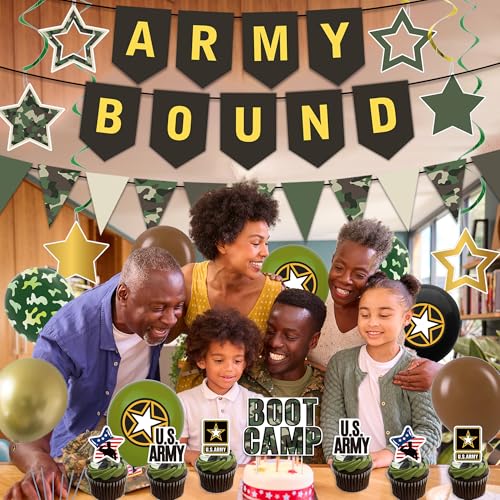 Image of Holkcog Army Party Decorations, Green Military Themed Birthday Banner, Farewell Party Welcome Ceremony, Army Bound Themed Cupcake Decorations, Boot Camp Cake Topper Ballons Supply