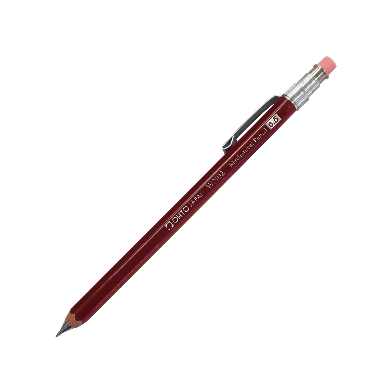 OHTO WN02 Wooden Mechanical Pencil, 0.5mm Fine Point, Mini-Sized Barrel with Clip, Dark Red Body, Made from Incense Cedar, WN02-SP5-EN