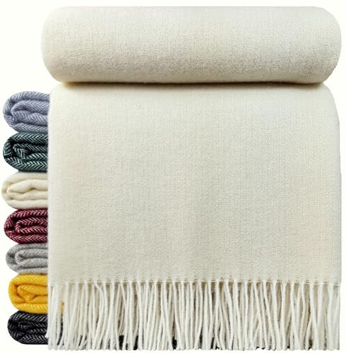 STTS International Wolldecke Wohndecke Tagesdecke Schurwolldecke 100% Schurwolle Woll-Plaid 140 x 200 cm Tirol Creme-Weiß/Elfenbein