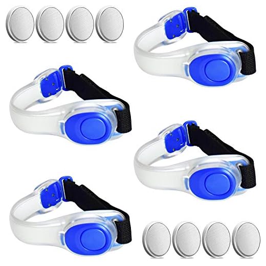 ANYTINUS 4 Pack LED Glow Armbands Bracelets Lights Up Flashlights Ankle Band Flashing Safety Light for Women Men Runners Joggers Pet Owners Cyclists Come with 8 Extra Button Battery (Blue)