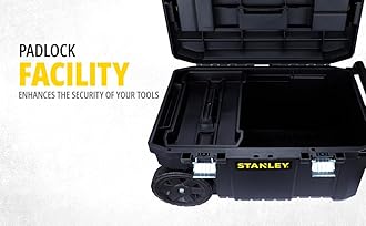 STANLEY Rolling Toolbox Chest with Heavy Duty Metal Latch, 2 Lid Organisers for Small Parts, Portable Tote Tray for Tools, STST1-80150