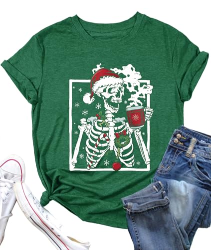 Christmas Short Sleeve Shirts for Women Skeleton Tshirt Funny Vintage Skull Tees Novelty Santa Hat Snowflake Hot Coffee Skeleton Print Shirts Tops, Green XX-Large