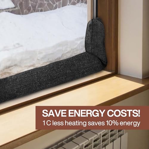 POWZOO Tochtstopper voor ramen tot 120 cm, wasbaar, energiebesparend, extra lang en zwaar, ook voor brede deuren, zwart - Image 5