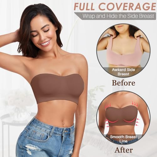 Image of WOWENY Strapless Bras for Women Bandeau Bra Wireless Non-Slip Silicone Seamless Padded Tube Top Bra