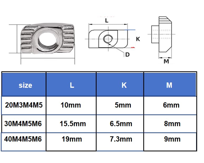 2020 Series M3 T Nuts T-Slot Nut Hammer Head Fastener -Plated Carbon Steel Sliding T Nuts for Aluminum Profile,50Pcs