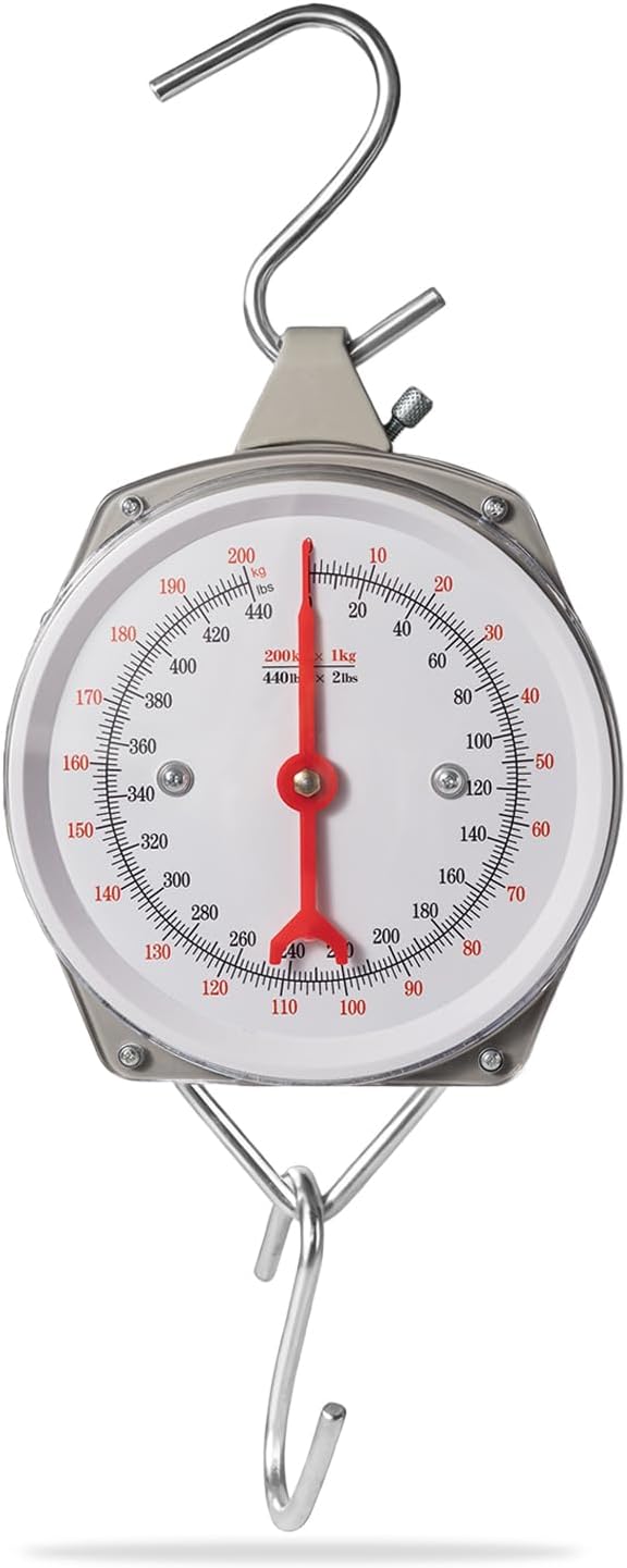 Mechanical Precision Hanging Scale, 440lb/200kg Max Capacity, Dual Unit with Large Display & 2 S-Hooks, Heavy Duty Spring Dial Scale for Kitchen Food Weighing, Fishing, Hunting, Big Game