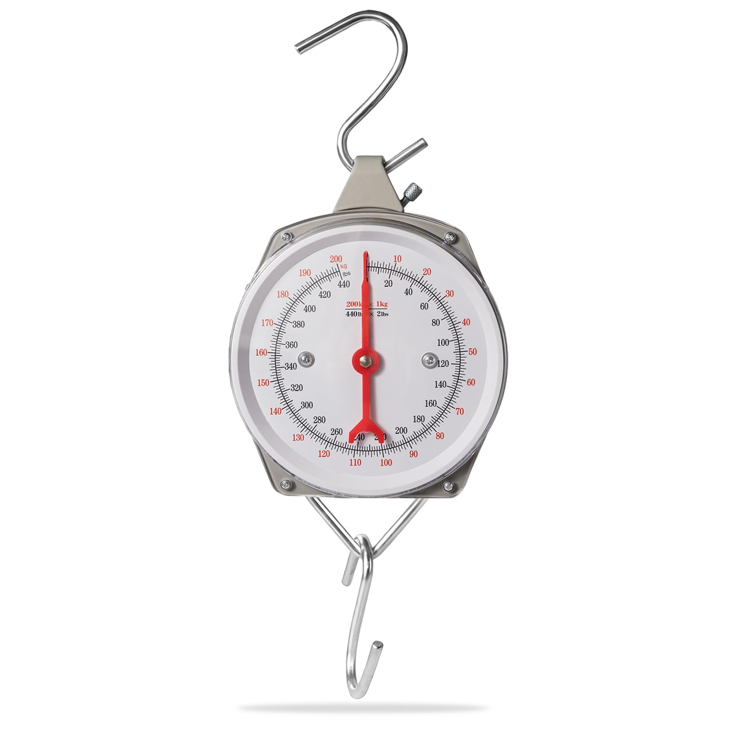 Mechanical Precision Hanging Scale, 440lb/200kg Max Capacity, Dual Unit with Large Display & 2 S-Hooks, Heavy Duty Spring Dial Scale for Kitchen Food Weighing, Fishing, Hunting, Big Game