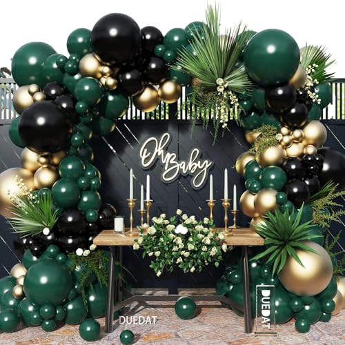 Emerald Green Black Gold Balloon Garland,144Pcs Forest Dark Green Black