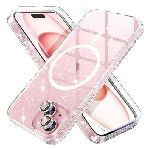 Choiche Compatible for iPhone 15 Case Magnetic, Women Clear Glitter Bling Sparkly Case, [2xDiamond Camera Lens Protectors] [2xTempered Glass Screen Protectors] [Compatible MagSafe] (Glitter Clear) by Choiche - Used condition - US$9.41