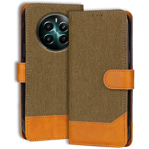 Image of Accesorios Denim & Leather Flip Cover for Realme 12 Plus 5G | Inbuilt Stand & Pockets | Premium Leather Mobile Phone Case Realme 12 Plus 5G (Dark Brown)