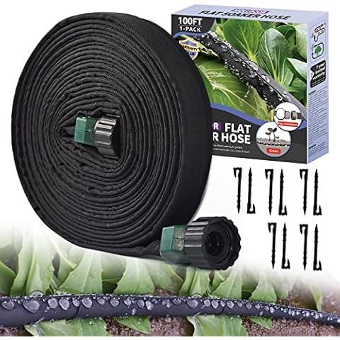 Flat Soaker Hose 100 Ft for Garden Beds with Soaker Hose Stakes, Garden Soaker Hose 100 Ft for Saving 70% Water, Drip Hose for Garden, Vegetable Beds (100ft 1pack) Cover