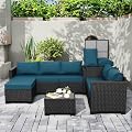 Valita Patio Furniture Set with Storage Box 5 Pieces Black Wicker Outdoor Couch Sectional with Glass Table and Non-Slip Cushions and Furniture Covers, Peacock Blue