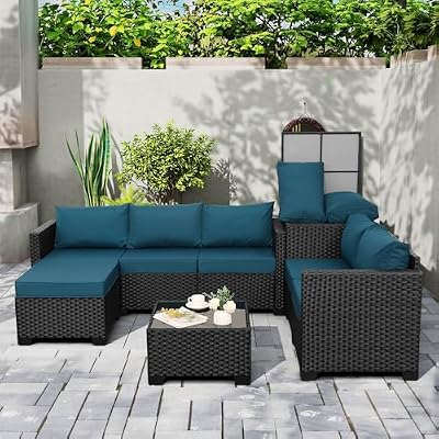 Valita Patio Furniture Set with Storage Box 5 Pieces Black Wicker Outdoor Couch Sectional with Glass Table and Non-Slip Cushions and Furniture Covers, Peacock Blue