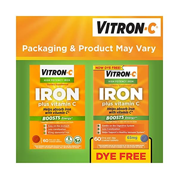Vitron-C-High-Potency-Iron-Supplement-with-125-mg-Vitamin-C-60-Count Vitron-C Iron Supplement, Once Daily, High Potency Iron Plus Vitamin C, Supports Red Blood Cell Production, Dye Free Tablets, 60 Count