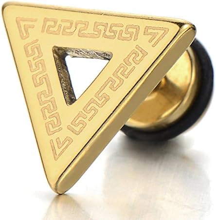 Stainless Steel Mens Triangle Stud Earrings with Pattern, Screw Back 2pcs
