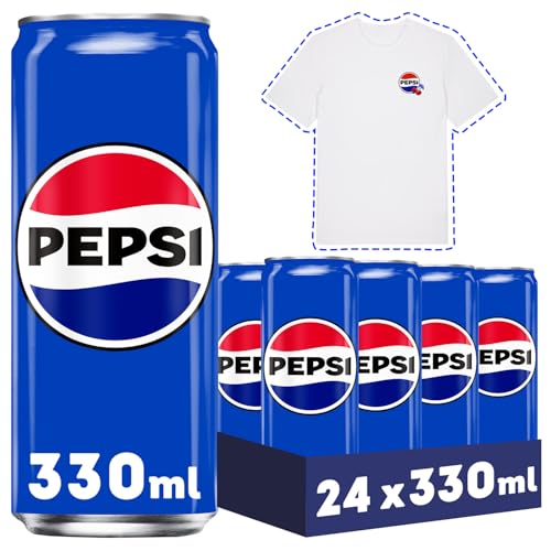 PEPSI regular Refresco de cola, pack de 24 latas de 330 ml, 7.92 litros en total, Incluye camiseta de Regalo