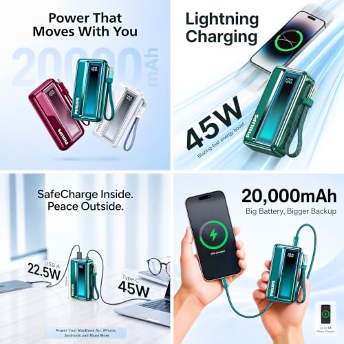 Image of Philips DLP2721NC /94 20000mAh 45W Fast Charging Power Bank with Built-in Type-C Cable (Chrystal Teal) | Digital LED Display | Lithium Polymer | 2 Type-C & USB-A | Pocket Size | Travel-Friendly