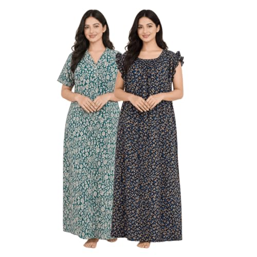 Image of Bahumaan Nighty for Women Cotton Combo Pack of 2 | Free Size Gown for Women Cotton with Side Pocket | Nighties for Women Pure Cotton Combo Stylish | Maxi Sleepwear
