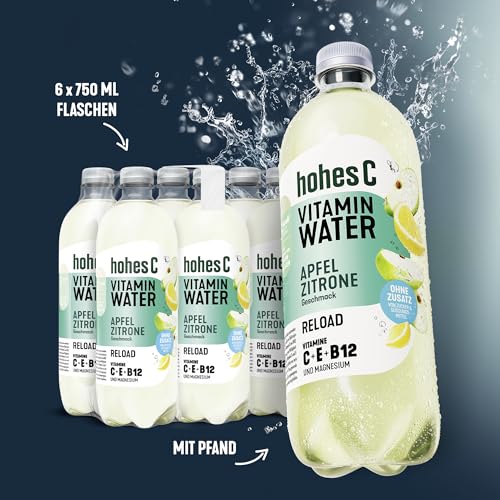 hohes C Vitamin Water Reload Apfel & Zitrone (6 x 750ml), Magnesium für die Muskeln, Vitamin C & B12 für mehr Energie + Vitamin E, nur 6kcal/100ml, ohne Zuckerzusatz & Süßungsmittel, vegan