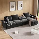 Trdlpyn Divano ad Angolo 4 Posti con Contenitore, Divano in Tessuto Ciniglia con Tavolino Pieghevole(Due Portabicchieri e porta USB+ Type-C) Salotto Soggiorno Divano a Sinistro o Destro, Grigio