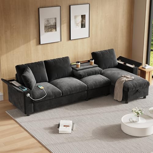 Trdlpyn Divano ad Angolo 4 Posti con Contenitore, Divano in Tessuto Ciniglia con Tavolino Pieghevole(Due Portabicchieri e porta USB+ Type-C) Salotto Soggiorno Divano a Sinistro o Destro, Grigio