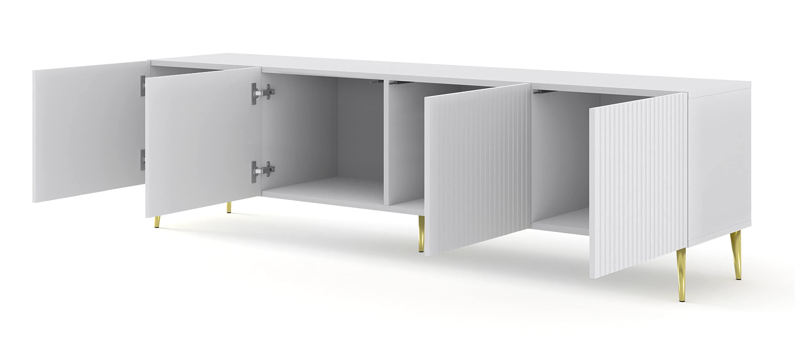 BIM Furniture Lowboard TV Schrank Ravenna B 4D 200 cm gefräste dekorierte MDF-Fronten auf goldenen Metallbeinen Stehen Unterschrank Fernsehschrank TV Board Sideboard HiFi-Tisch (Weiß Matt)