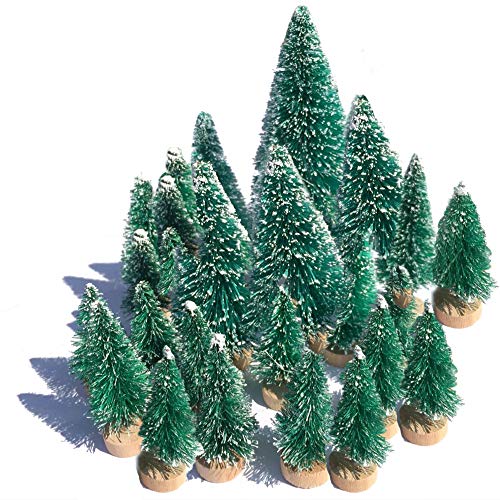 Mini Snow Globe Christmas Trees Tabletop Fake Bottle Brush Decor Craft Christmas Village Flocked Pine Trees with Base Assorted Size Party Decoration DIY Accessories Up to 4-7 8   24PCS Green