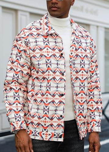 ZAFUL Men's Aztec Graphic Long Sleeve Shirt Shacket Tops Outerwear Orange S — view 2